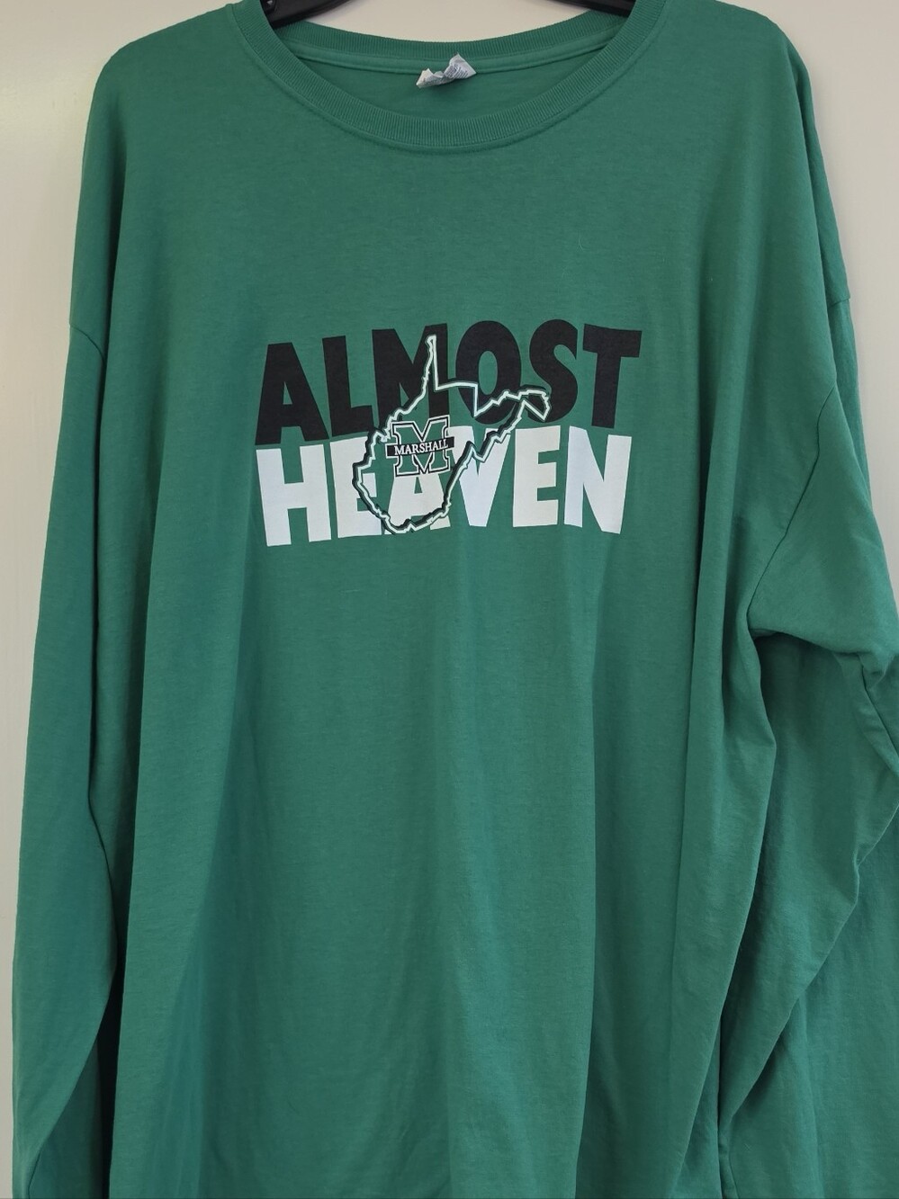 NCAA Marshall University Green Crewneck Sweatshirt with 'Almost Heaven' Graphic